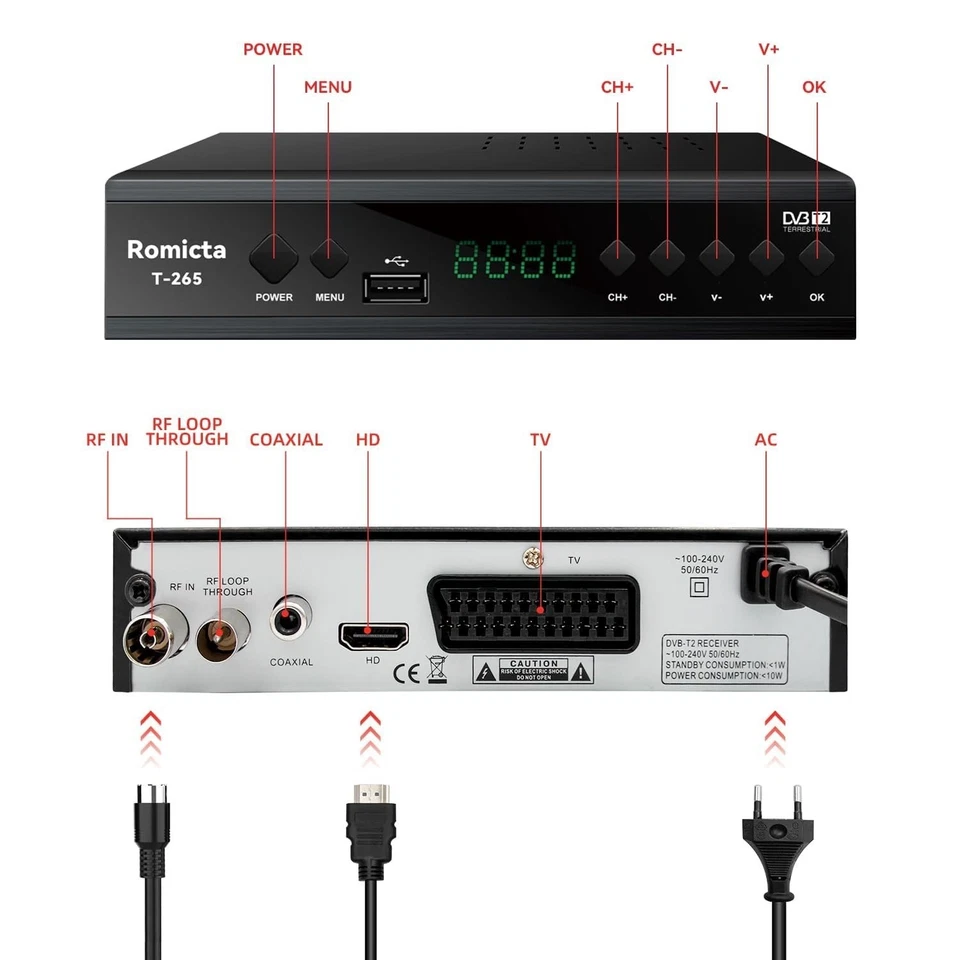 Décodeur TNT HD DVB-T2 H.265 HEVC 1080p PVR USB HDMI Romicta - Photo 2/4