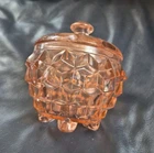 Vintage Pink Depression Glass Cubist  Pattern Lidded Bowl W Feet