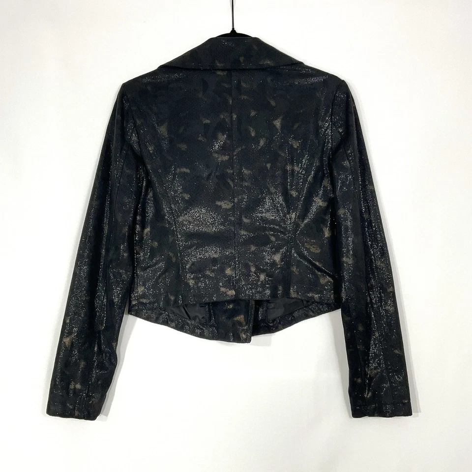 Rock & Republic Women's SMALL Moto Jacket BLACK & GOLD Shimmer Pattern Pockets - Image 4 of 4