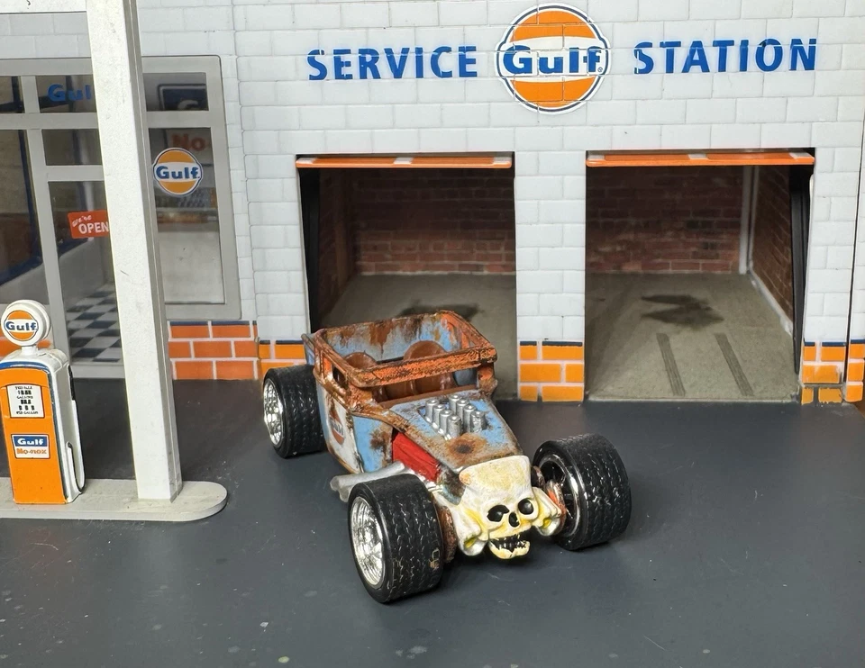 Custom Pintado a Mano Hot Wheels Gulf Bone Shaker Rat Rod con Base de Metal Real Riders Foto 3 de 4