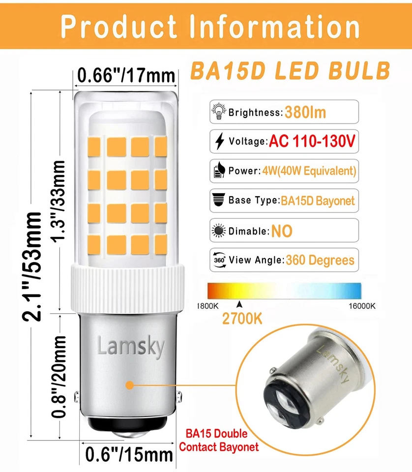 LED BA15D Double Contact Bayonet Base 120 Volts 4W Led Light Bulb,T3/T4/C7/S6... - Image 2 of 4