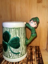 Vintage St Patrick’s Day Pixie Elf Shamrock Mug Ceramic Signed 5.5”