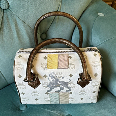 MCM White/Brown Monogram Satchel Top Handle Zip Inner Pockets Key Silver