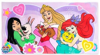 DISNEY STORE Official Princess, Mulan, Aurora, and Ariel Kids Bath Towel, Sof