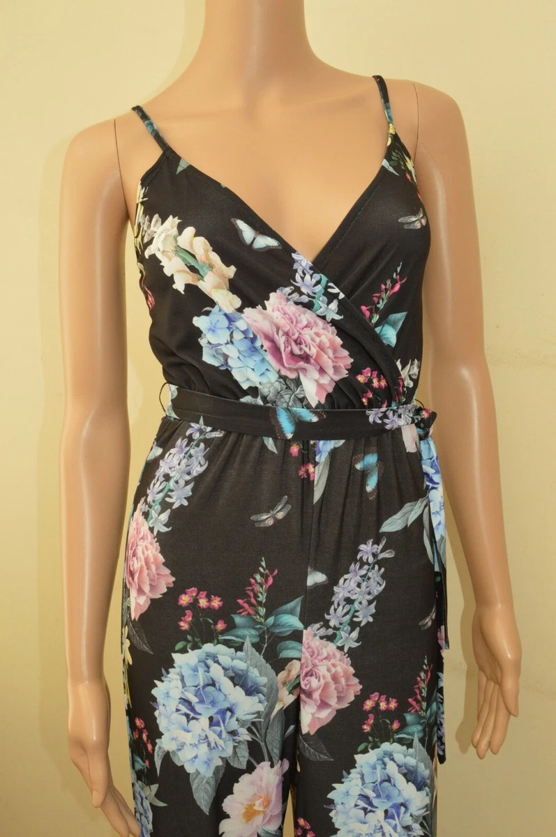 New Lipsy Black Multi coloured Floral Wide Leg Jumpsuit Sz UK 6