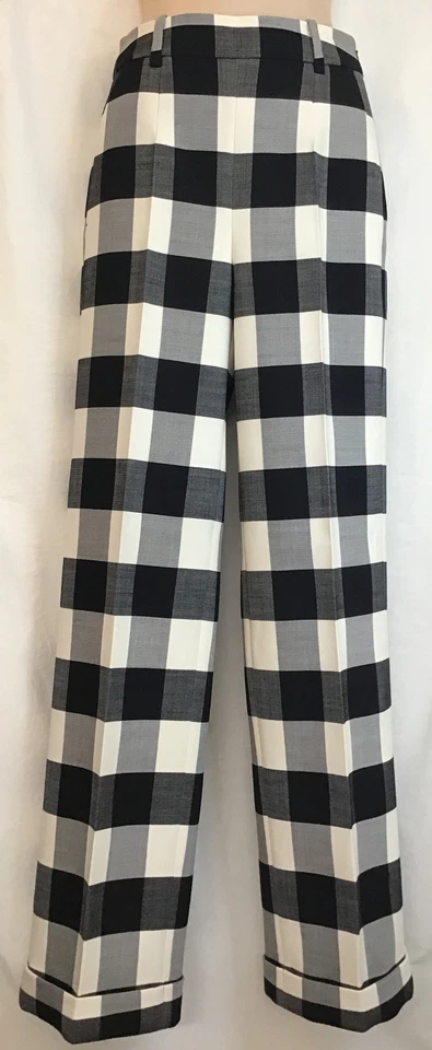altuzarra Pants Black,gray And White Plaid High Waisted Straight Leg Cuff Size 0