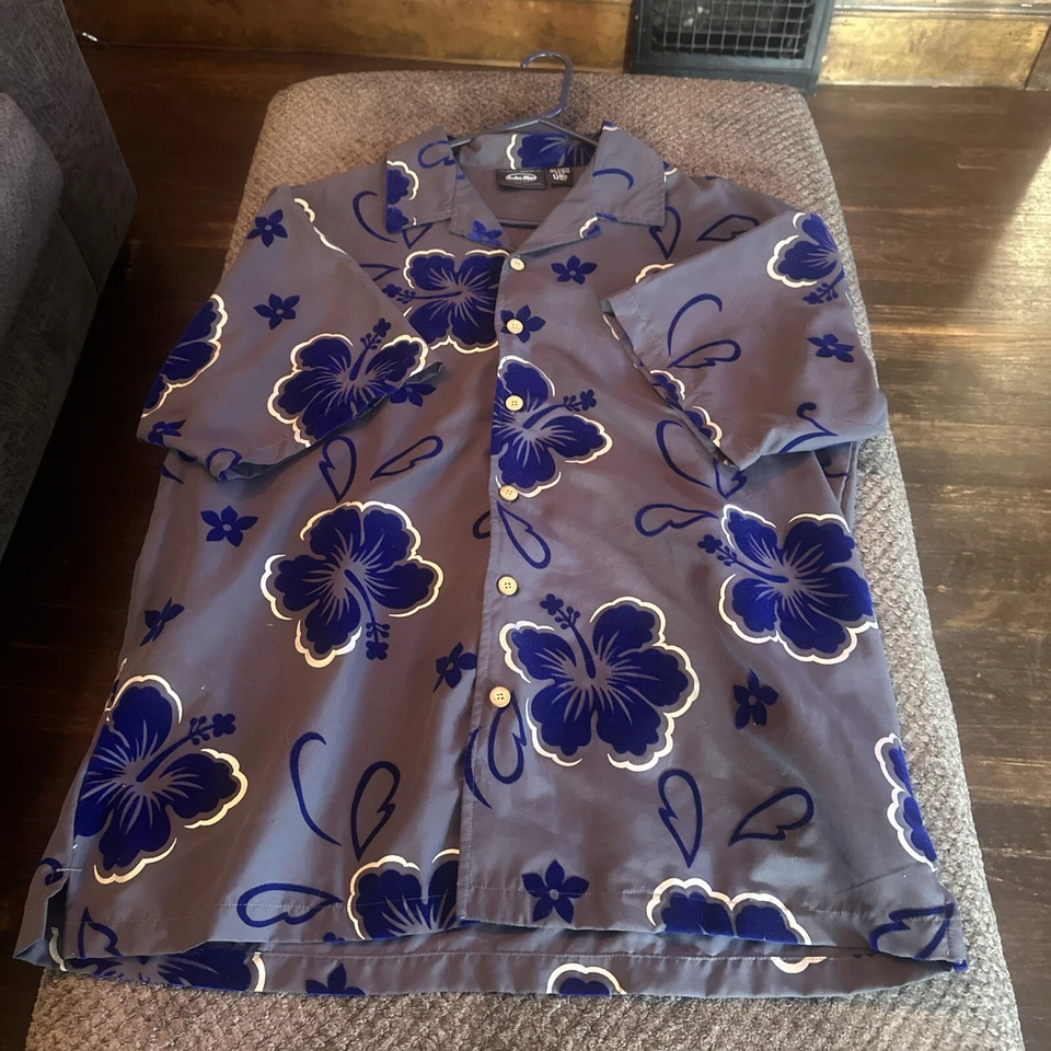 Anchor Blue Mens Gray Hawaiian Shirt Extra Large Blue Floral Hibiscus Print XL - Image 2 of 4