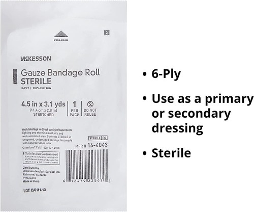 McKesson Fluff Bandage Gauze Roll Sterile White 4.5"x4-1/10 yd 16-4264 (5 Rolls) - Picture 2 of 3