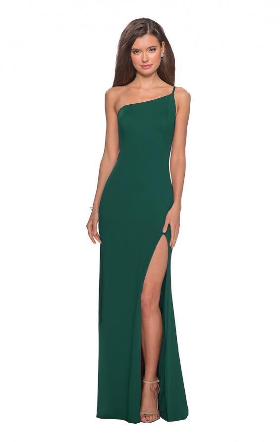 NEW LA FEMME Emerald Green ONE SHOULDER Jersey SLIT Evening Dress SULTRY  GOWN 10 | eBay