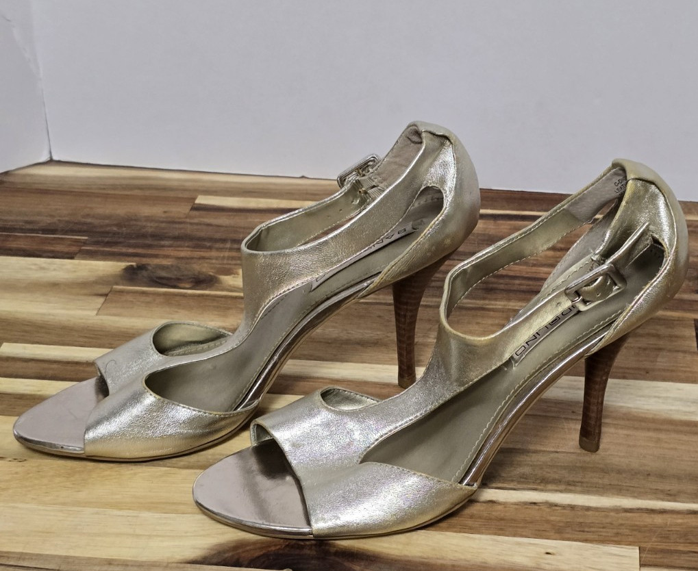 Bandolino Women's Gold Leather Strappy Open Toe Heels Size 9M
