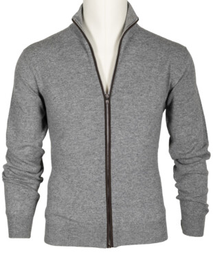 Fioroni Strickjacke in grau meliert aus Kaschmir mit brauner Velourslederkante