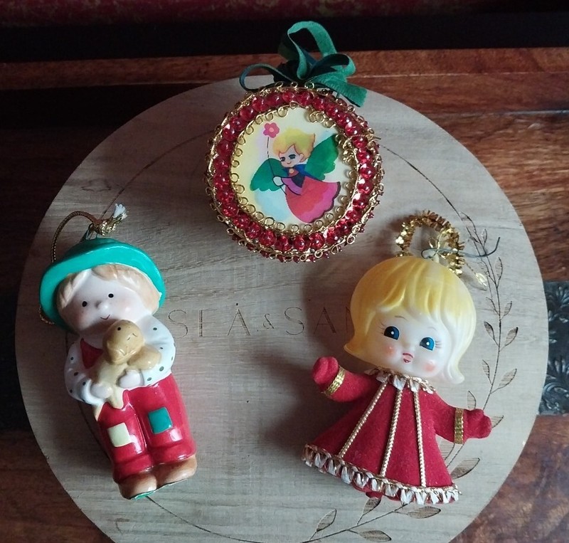 3 VTG Angel Holographic Push Pin Sequin Holly Hobbie Puppy Christmas Ornaments