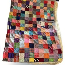 VTG PATCHWORK Textile Quilt Blanket Throw Lap Cozy BED 74x50" TIED SEE