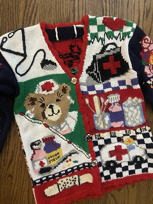 Vtg Ugly Christmas Sweater Nursing Medical Hospital Workers Teddy Care M