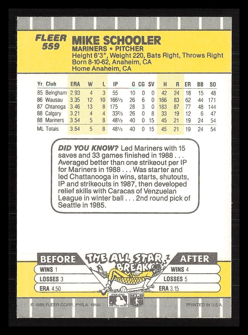 Mike Schooler 1989 Fleer #559 Mariners | eBay