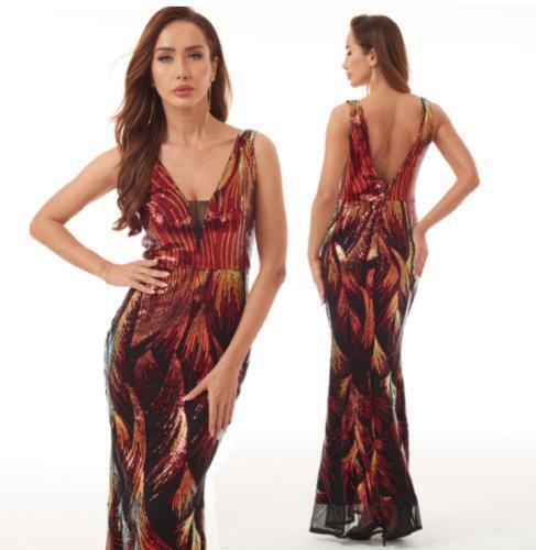 Women's Evening Party Long Dress Sequin Vintage Formal Sexy Slim Gown V-neck - Picture 8 of 12