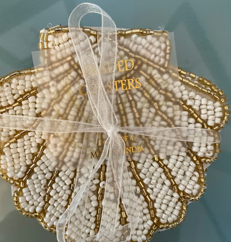 Seashell Beaded Coasters White & Gold Beaded Shells Coaster Set of 4 Handcrafted - Picture 5 of 10