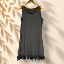 SheIn Dress Women L Large Black Shift Midi Sleeveless Fringe Casual Solid
