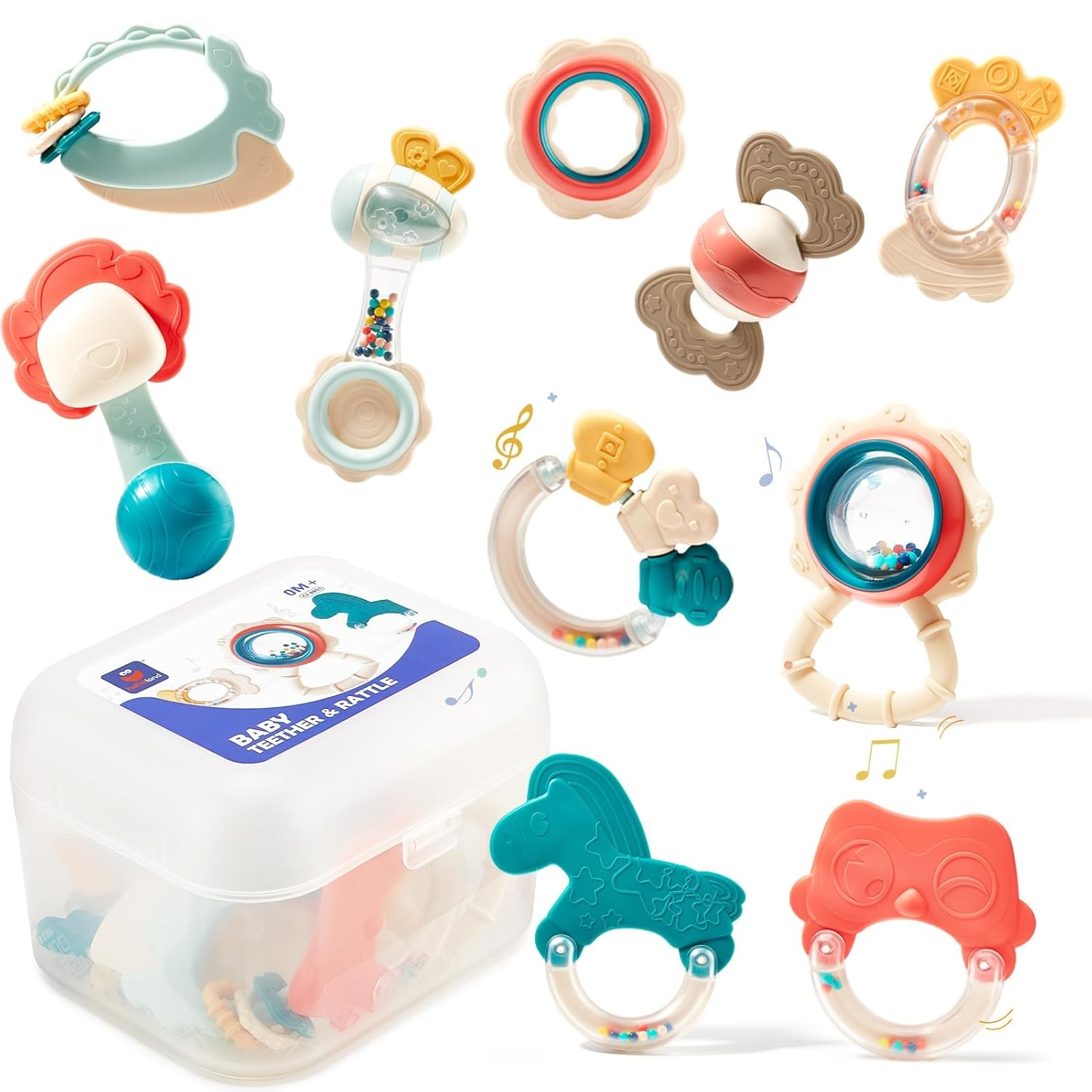 Rassel Beißring Baby Set 10 Teile Silikon Greifling Spielzeug ab 3 6 9 Monate