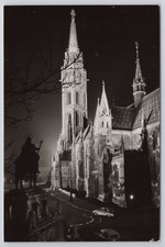 Budapest Matthias Church & St. Stephens Monument Night RPPC Postcard Real 4x6