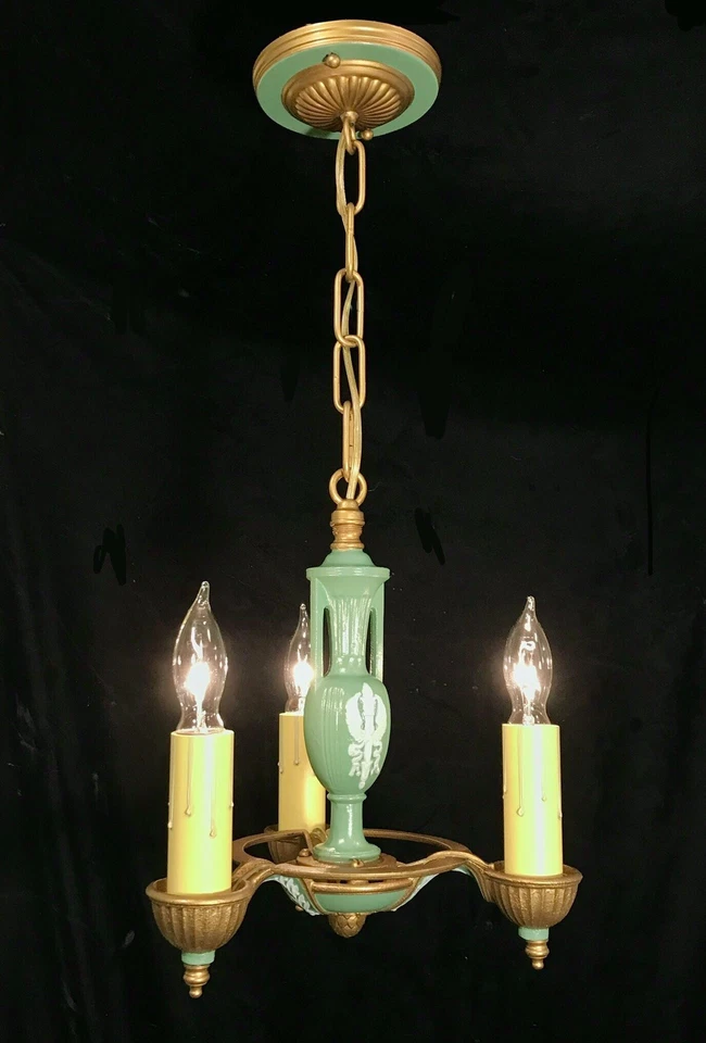 Antiguo accesorio colgante de salón de 3 luces de colección Imperio Francés victoriano policromado Foto 2 de 4