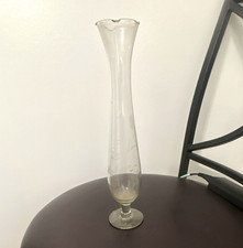 Tall Clear Glass Bud Vase with Etched Design, Decorative Flower Vase