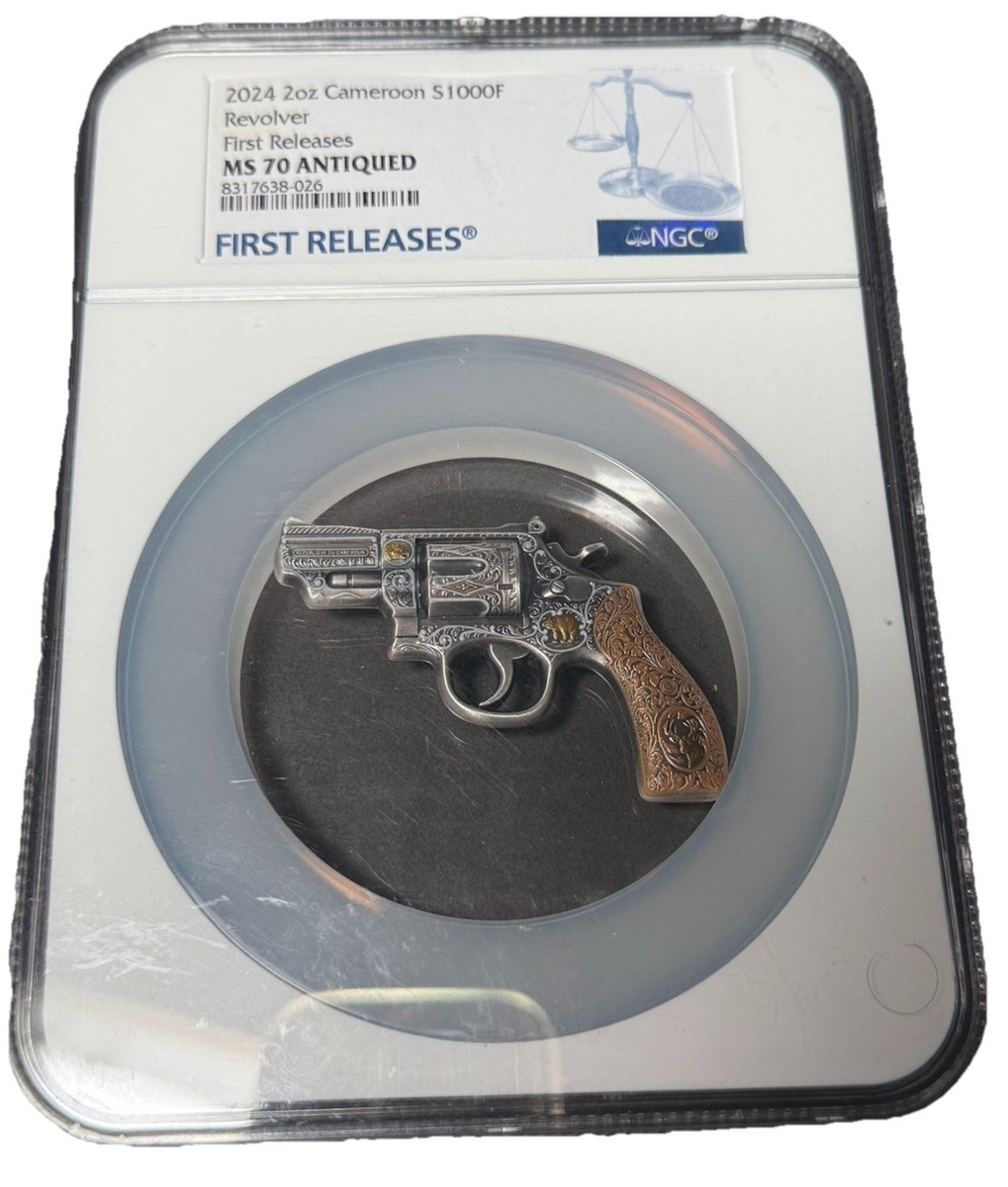 MS 70 2024 Cameroon .38 Revolver Shaped Coin 2 oz .999 Silver
