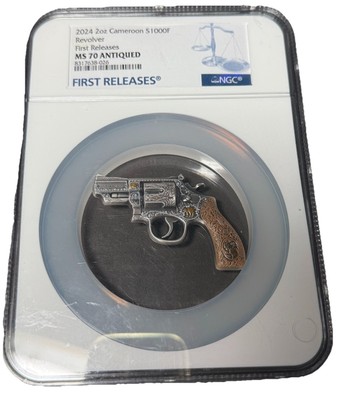 NGC MS70 2オンス 銀貨 2024 カメルーン リボルバー  MS 70 2024 Cameroon .38 Revolver Shaped Coin 2 oz .999 Silver