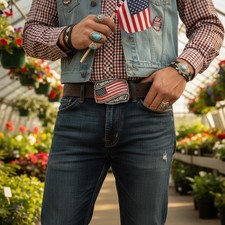 NEW Men Women Silver Metal Buckle Western USA Flag United States Of America Army