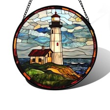 Stained Glass Window Hanging, Ocean Lighthouse Sun Catchers 9.8x9.8 IN Blue