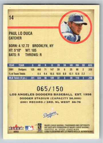 2002 Fleer Authentix Front Row Paul Lo Duca 14 065/150 - Picture 2 of 2