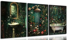 3 Pcs Green Botanical Bathroom Canvas Wall Art Washbasin Shower Baths Floral ...