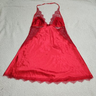 Victoria's Secret Red Satin Halter,Lace Panel,lingerie,Nightgown Open Back Sz M