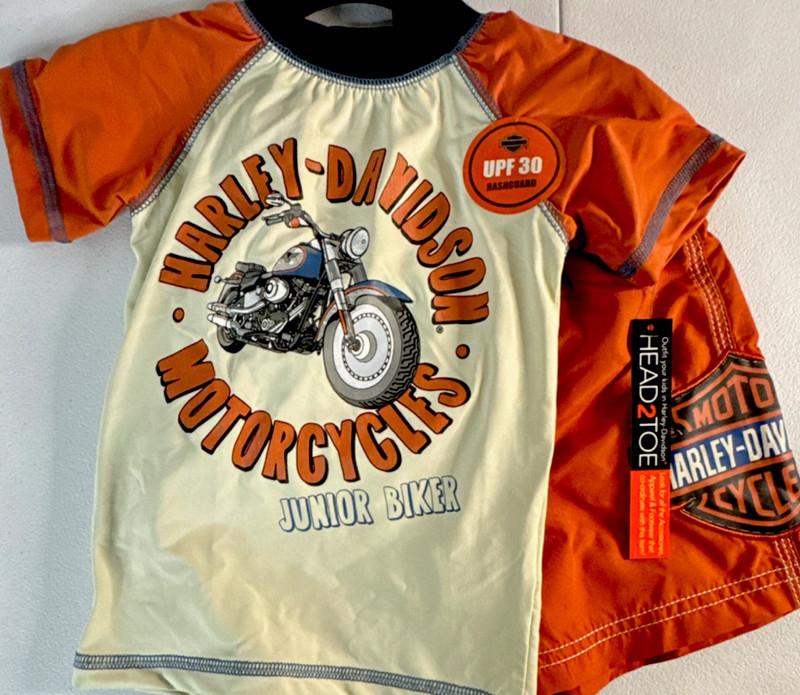 New Harley-Davidson UPF 30 Rashguard & Swim Trunks Set 24M Orange Cream Graphic