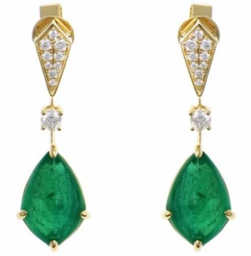 LARGE 8.54CT DIAMOND & AAA EMERALD 18KT YELLOW GOLD KITE SHAPE & ROUND EARRINGS