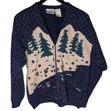 VGT 90s Northern Reflections Sweater Womens XL Knit Cardigan Tree Snow Animals