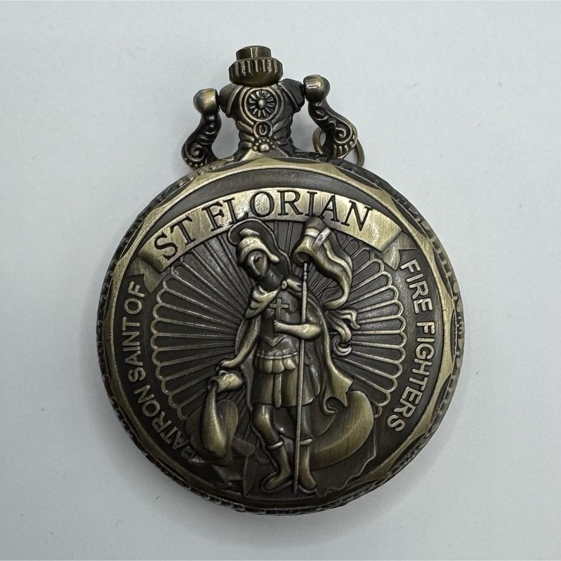 Quartz Full Hunter Pocket Watch Bronze Tone Firefighter Theme White Dial