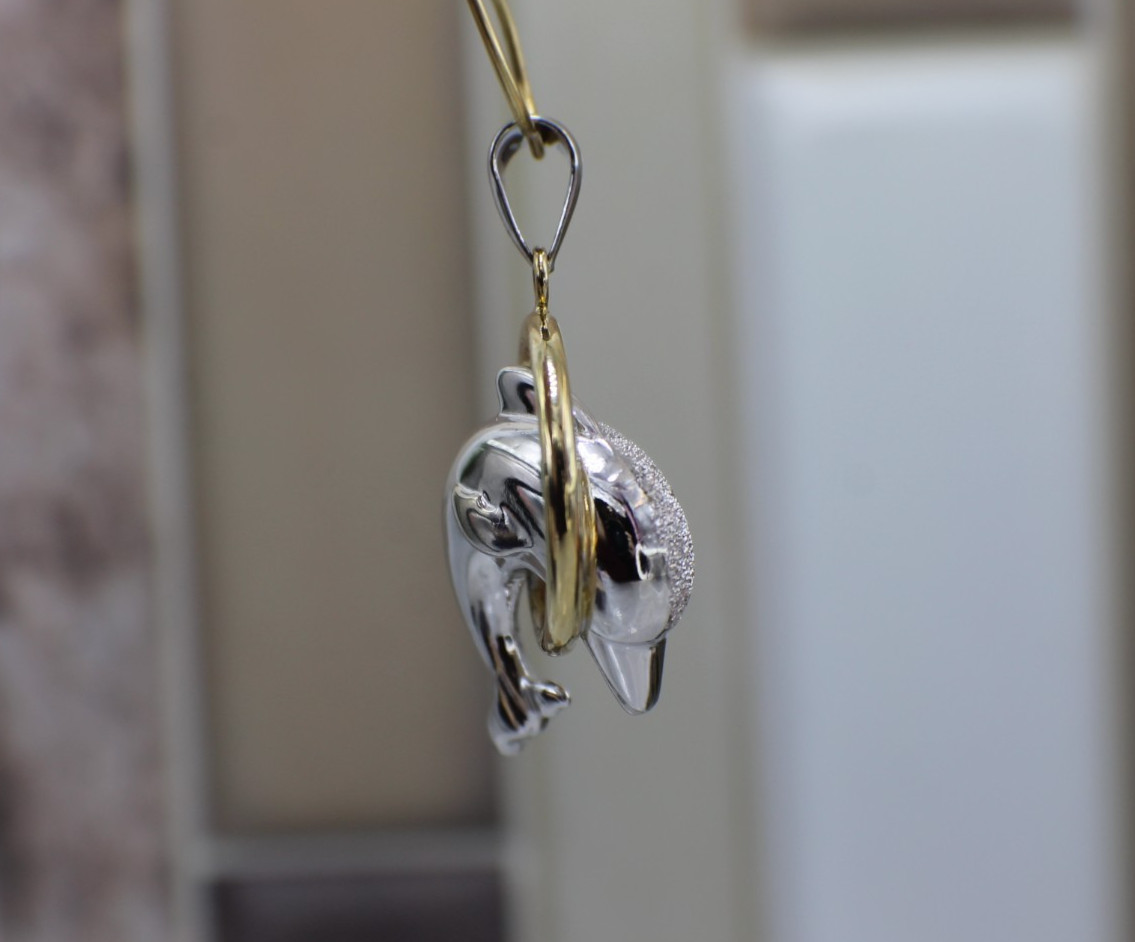 Solid 14K Two-Tone Gold Jumping Dolphin Glittery … - image 6
