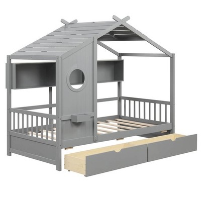 Twin Size House Bed Kids Bed Frame with 2 Storage Drawers & Fence Guardrails