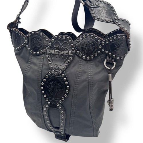DIESEL Authentic Y2K Black Leather Nylon Studded Crossbody Bag Unisex Rare Used - Bild 4 von 18