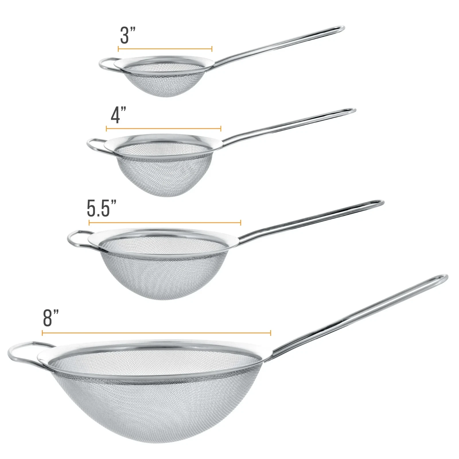 U.S. Kitchen 4 Piece Set - Stainless Steel Round Mesh Strainers With Wide Ears