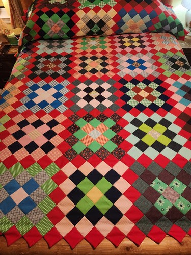 Vtg 70s Handmade Patchwork Scrap Diamond Double Knit Quilt Top Bright Multicolor