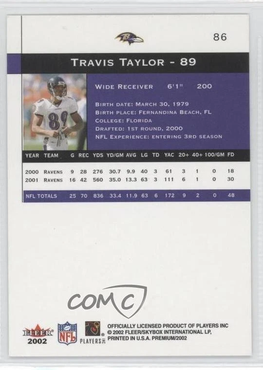 2002 Fleer Premium Travis Taylor #86 - Image 2 of 2