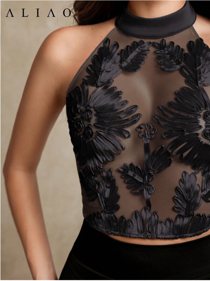 Camiseta sin mangas AliAliao Floral Crochet Malla Bordada Elegante 3D Transparente Talla XS S M L XL Foto 3 de 4