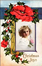 POSTCARD CHRISTMAS JOYS-YOUNG GIRL-EMBOSSED-HOLLY