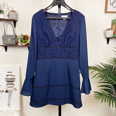 Finders Keepers Lace LS Mini Dress Navy NWT Women SIZE L