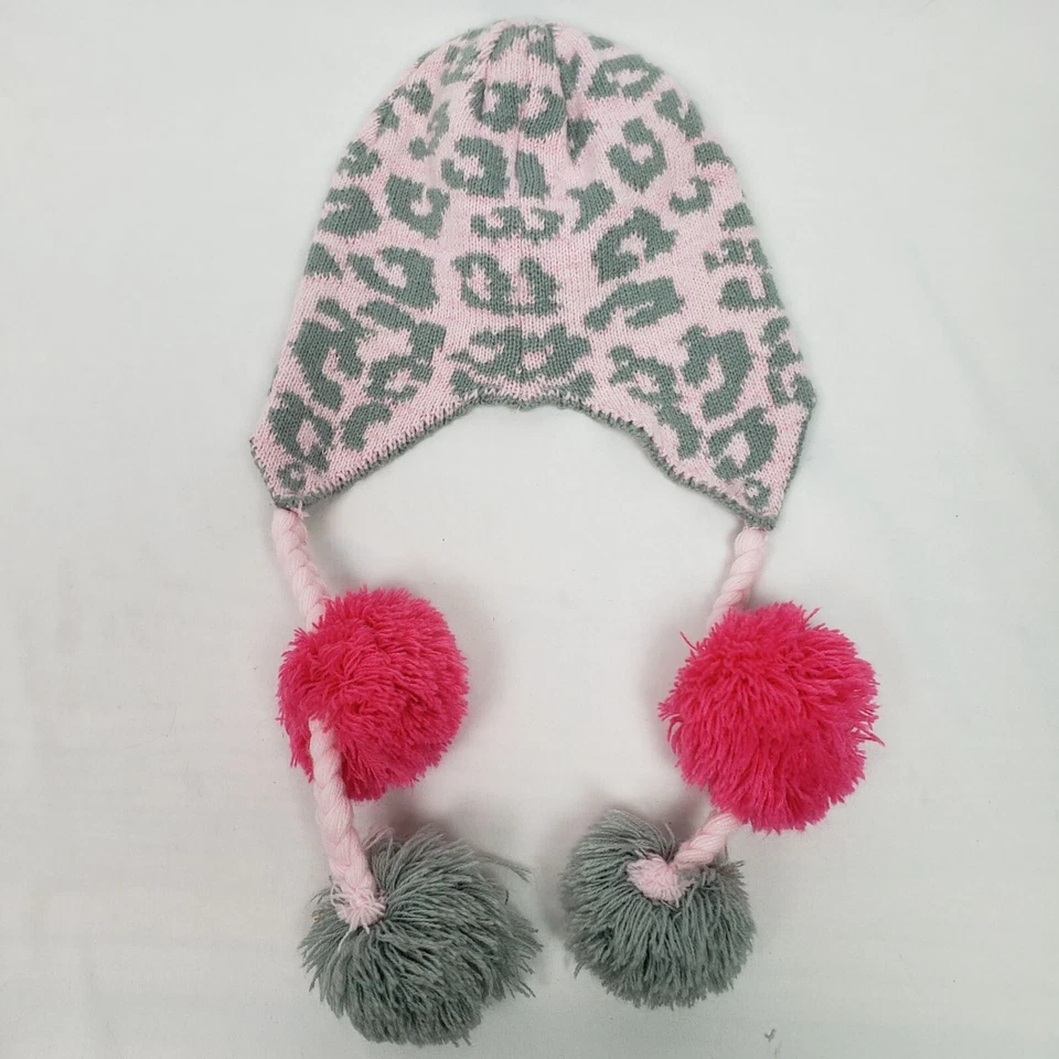 Sombrero Toby & Me Estampado Leopardo Rosa/Gris con Borlas Pom Pom 7-14 EXCELENTE ESTADO Foto 3 de 3