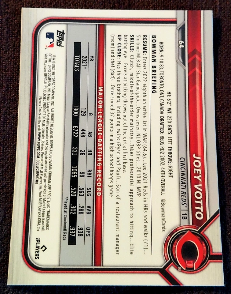 2022 Bowman Chrome Sapphire Joey Votto #64 Reds - Image 2 of 2