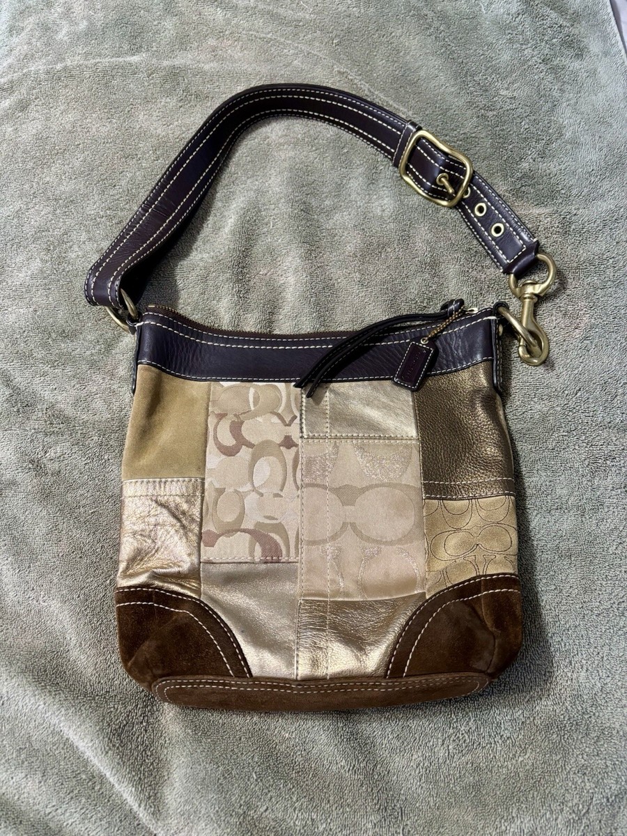 Vintage Coach F10387 Hobo Crossbody Patch Work Brown Gold Leather