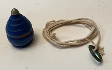 Vintage Blue Wood Spinning Top with Metal Tip and Pull Cord